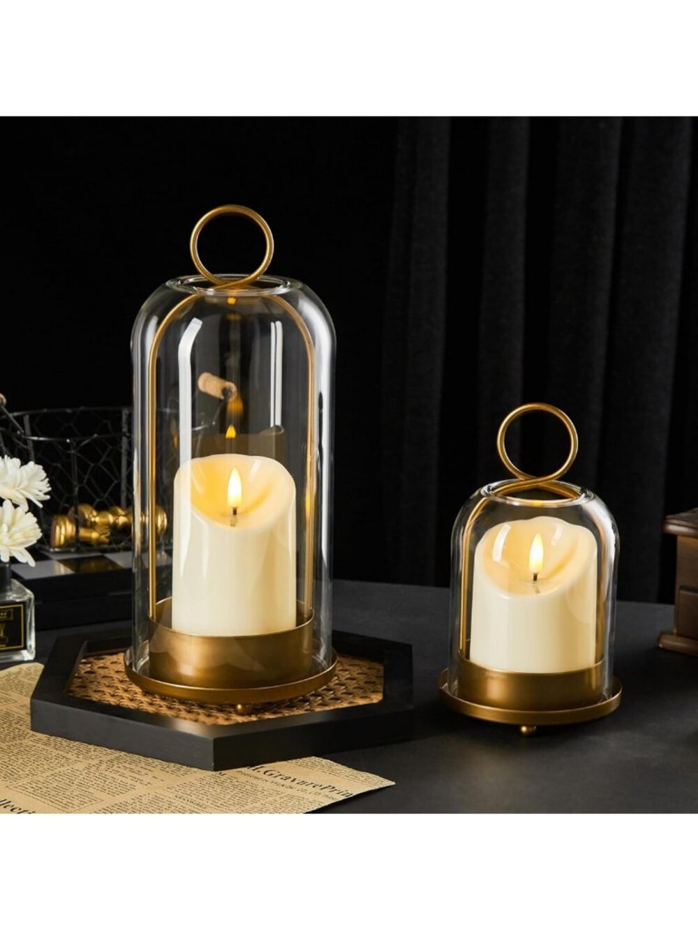 Set of 2 Metal Candle Holders with Glass Dome & Timer Candles - Versatile Decor